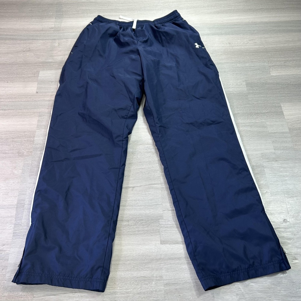 Under Armour Track Pants Mens Large Blue Woven Side Stripe Zip Hem Lined Pockets